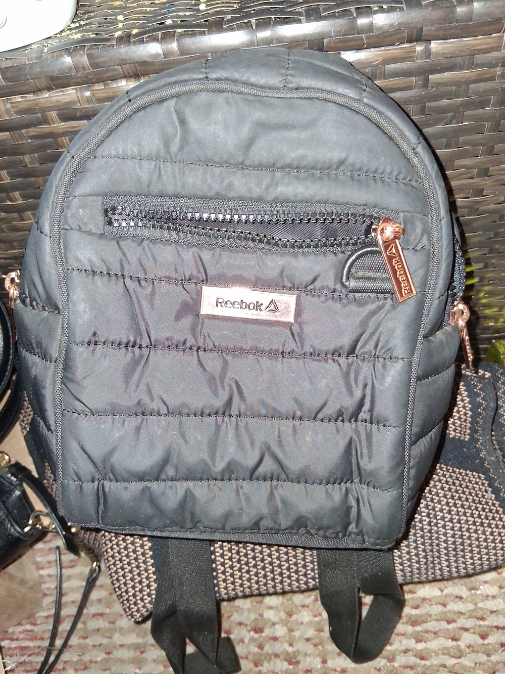 Reebok Black Quilted Mini Backpack Lightweight Puffer Purse Rose Gold Hardware